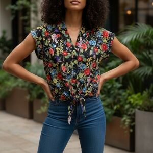 Annie 50 V Neck Button Down Front Tie Floral Top Blouse